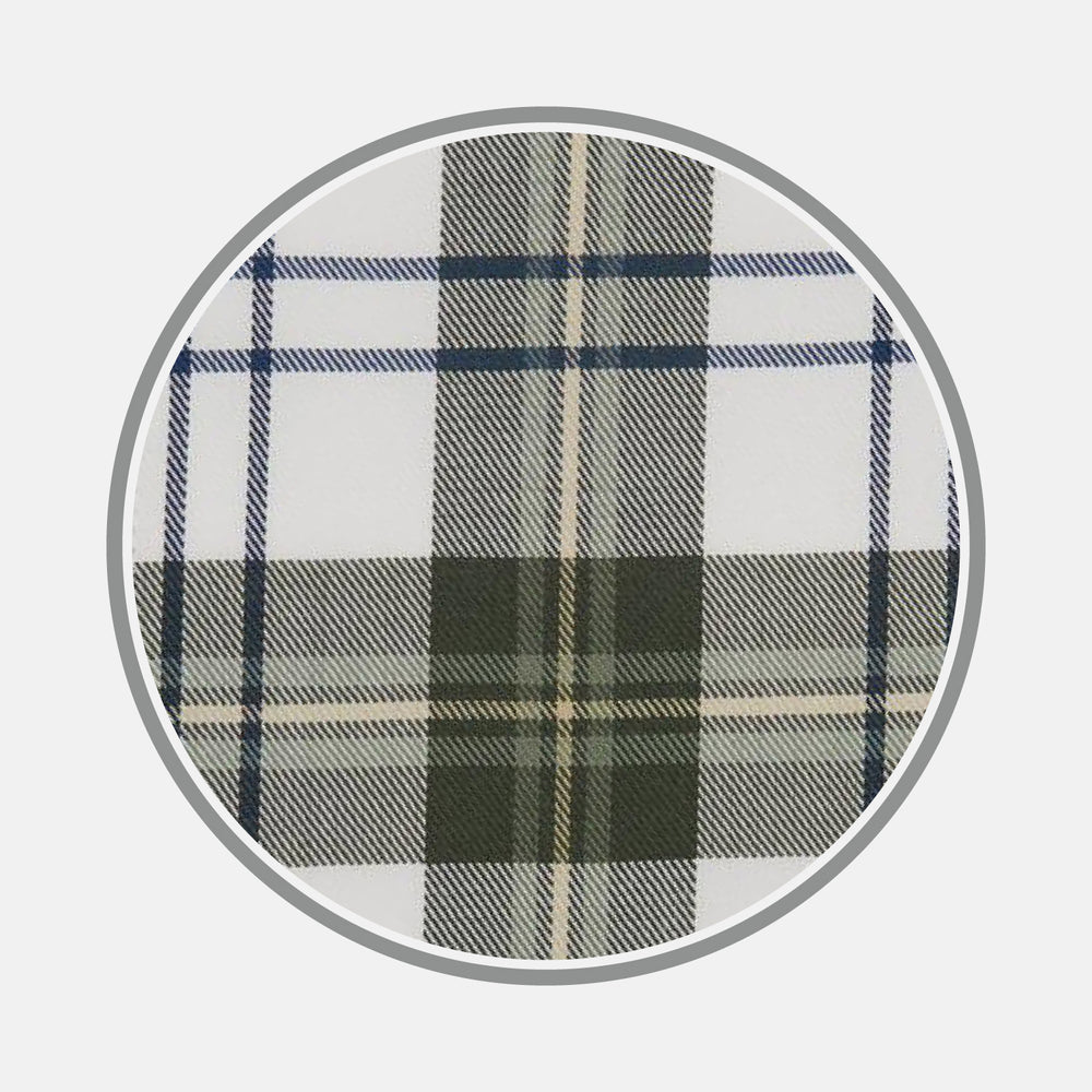 Circular swatch of Turnbull & Asser's Green Check Cotton Fabric, featuring dark green, navy blue, and beige intersecting lines on white, bordered by a gray ring.