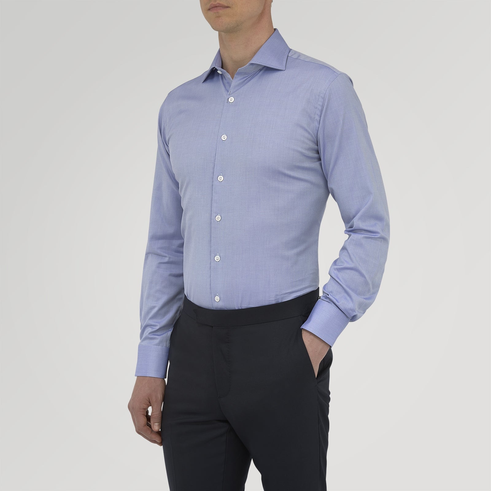 View 2 of product A Turnbull & Asser Tailored Fit Blue Royal Oxford Cotton Shirt with a Kent collar and 2-button cuffs is neatly displayed on a white background, highlighting its refined design and quality craftsmanship.