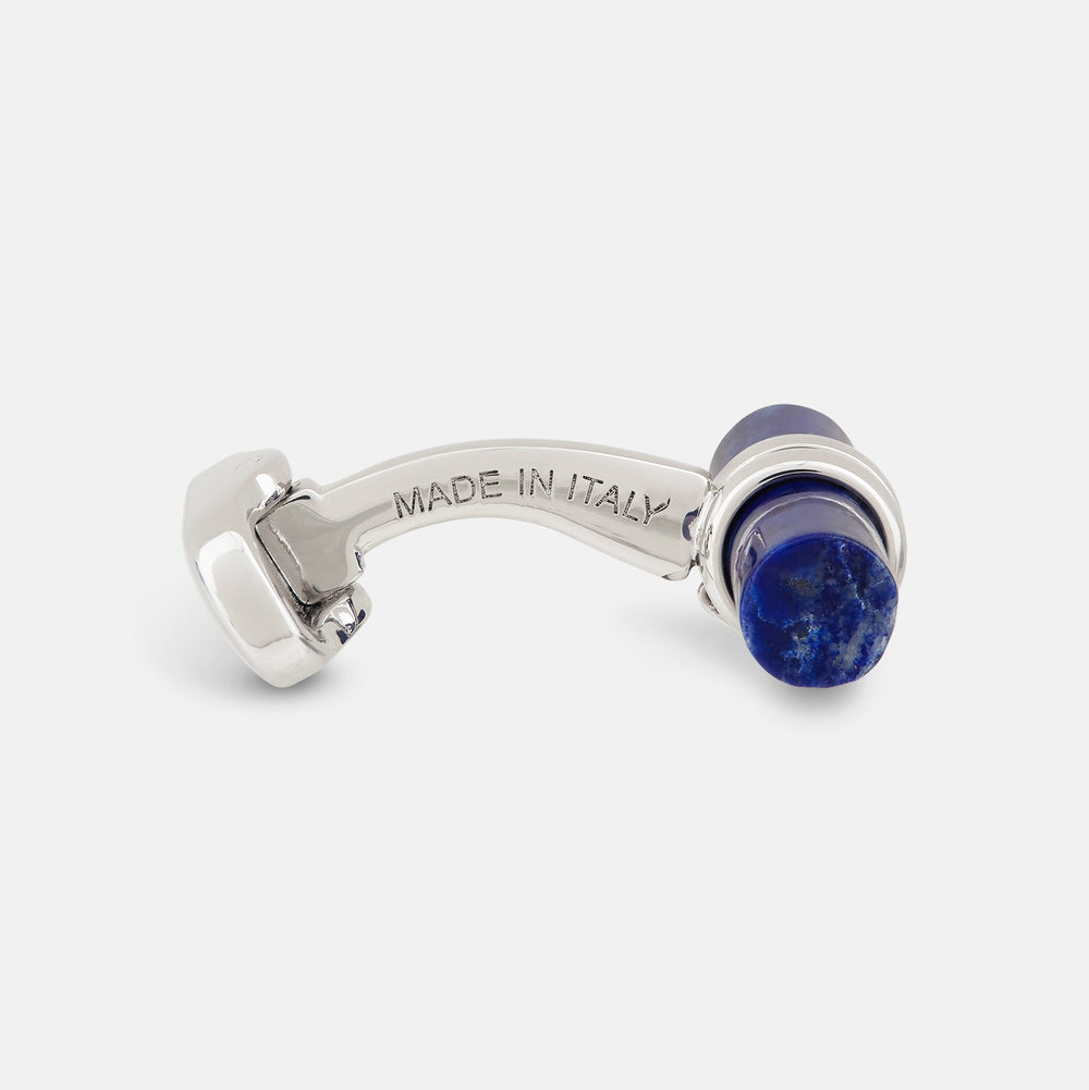 Turnbull & Asser’s Lapis Lazuli Handlebar Cufflinks feature sterling silver with cylindrical lapis lazuli bars, shown on a white background.