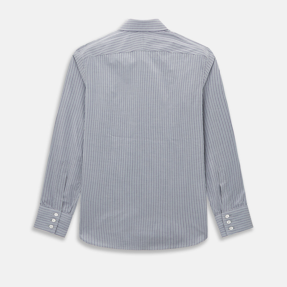 The Turnbull & Asser Grey Ticking Stripe Westminster Shirt features thin vertical grey stripes and a classic collar, showcased against a plain white background.