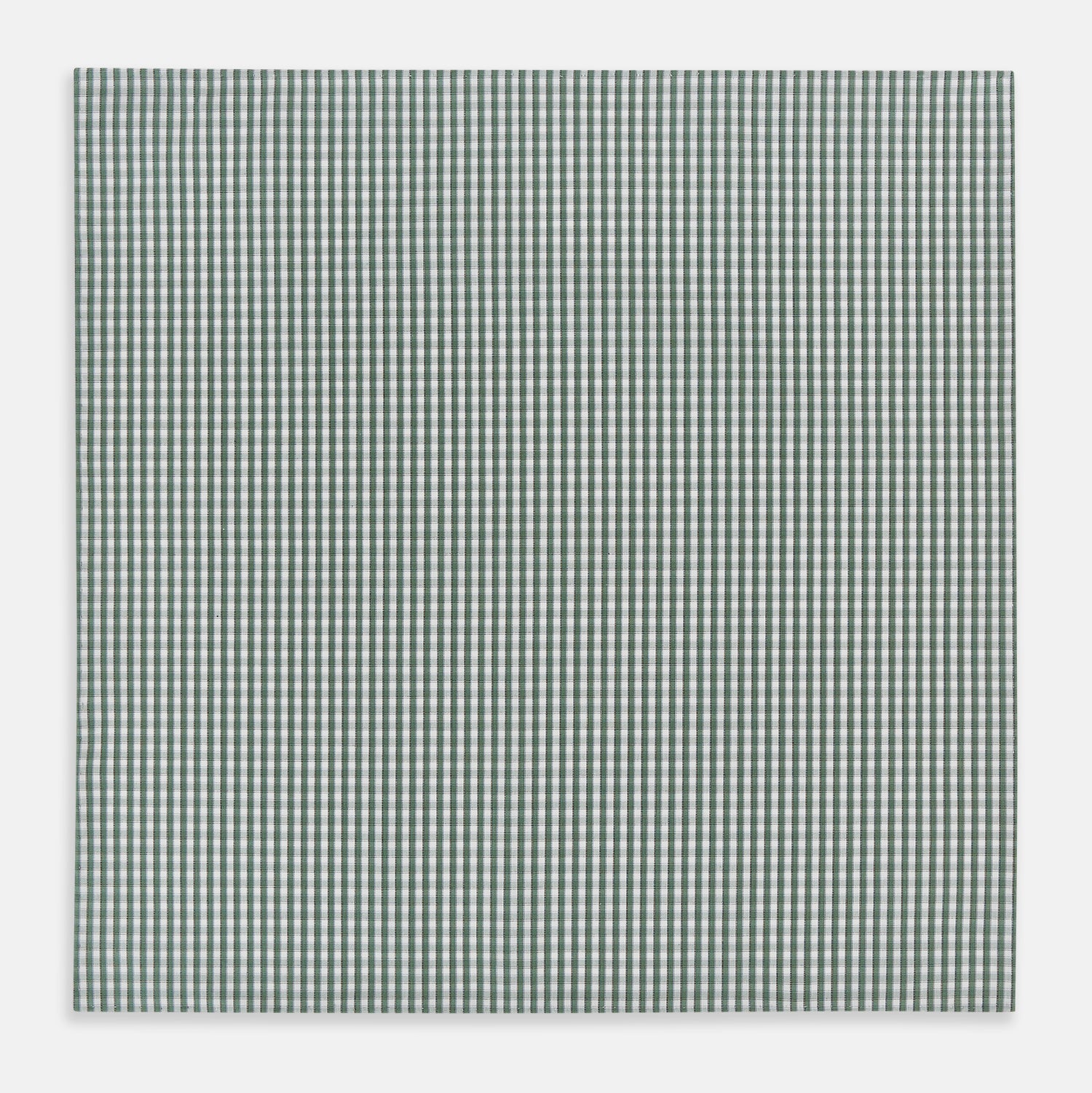 Image 3 of product The Turnbull & Asser Melon Green Micro Shadow Check Hand-Rolled Handkerchief is displayed flat against a white background, showcasing its green and white check pattern and expertly hand-rolled edges.
