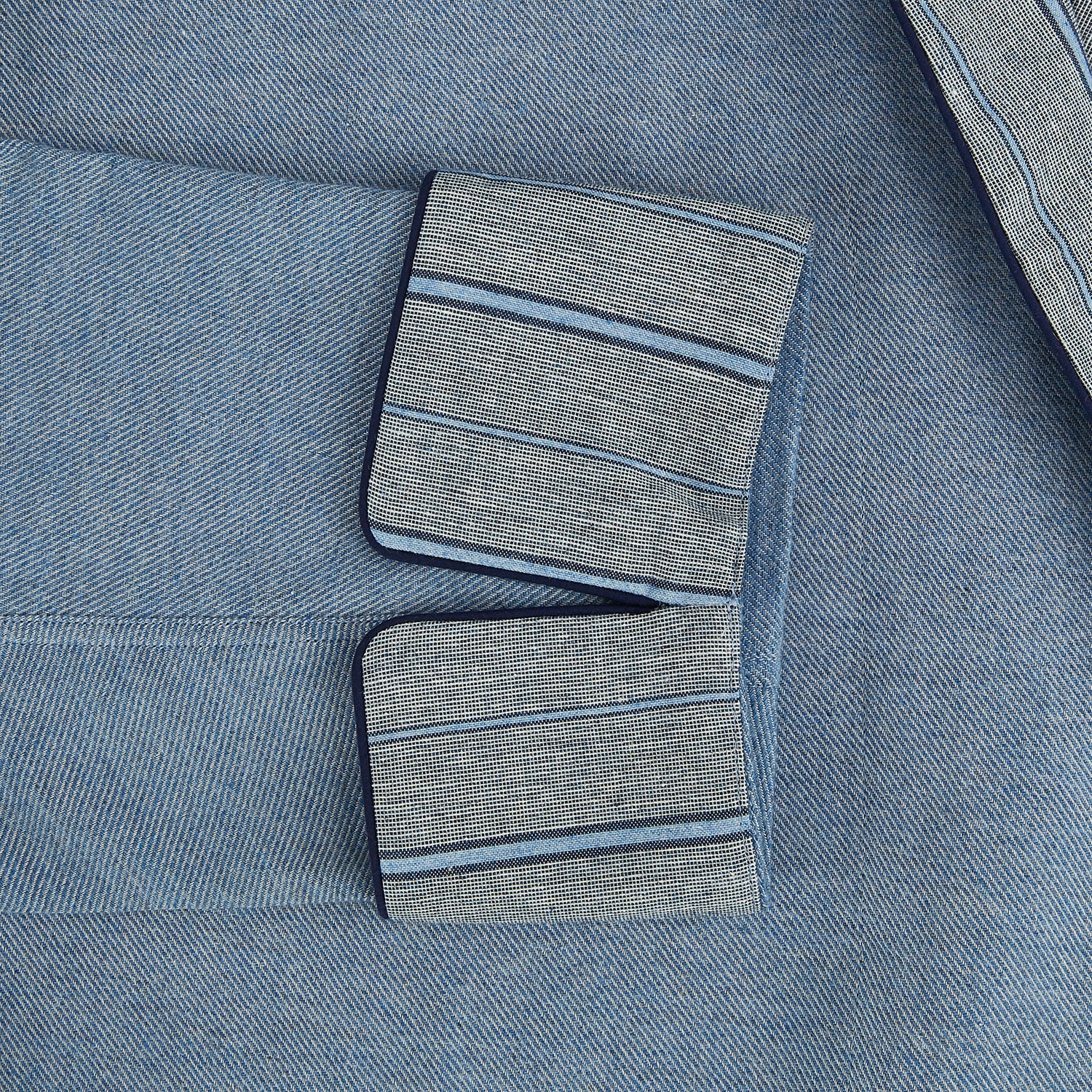 View 4 of product The Turnbull & Asser Blue Stripe Collar Cotton Twill Gown features a light blue hue, striped collar and cuffs, long sleeves, patch pockets, and a matching belt for elevated home comfort. Shown on a white background.