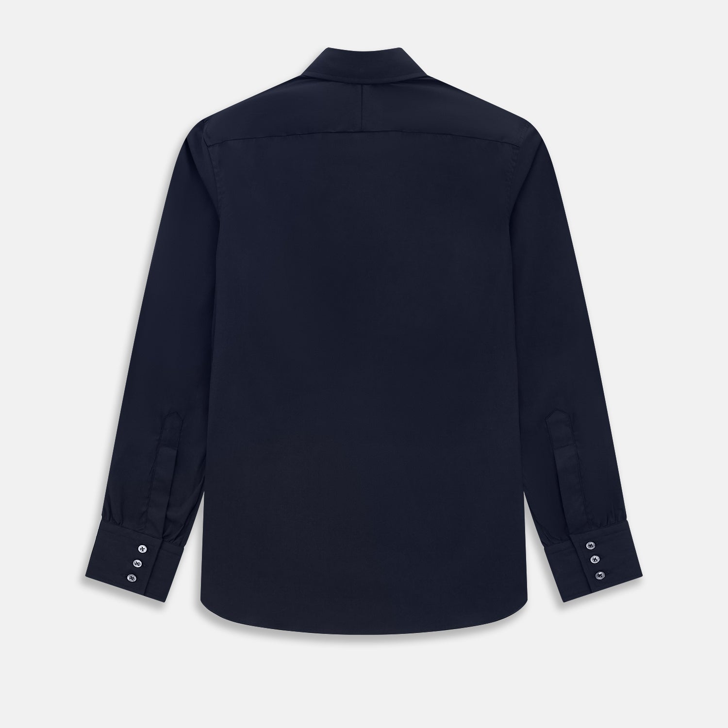 View 3 of product The Navy Westminster Shirt by Turnbull & Asser is a classic long-sleeve, button-up shirt with a pointed collar and buttoned cuffs, exemplifying British craftsmanship, shown against a plain white background.