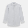 View 1 of product The Blue Double Pinstripe Mayfair Shirt by Turnbull & Asser is made from organic cotton with thin blue and white stripes, a pointed collar, and buttoned cuffs—perfect for elevating your workweek rotation.