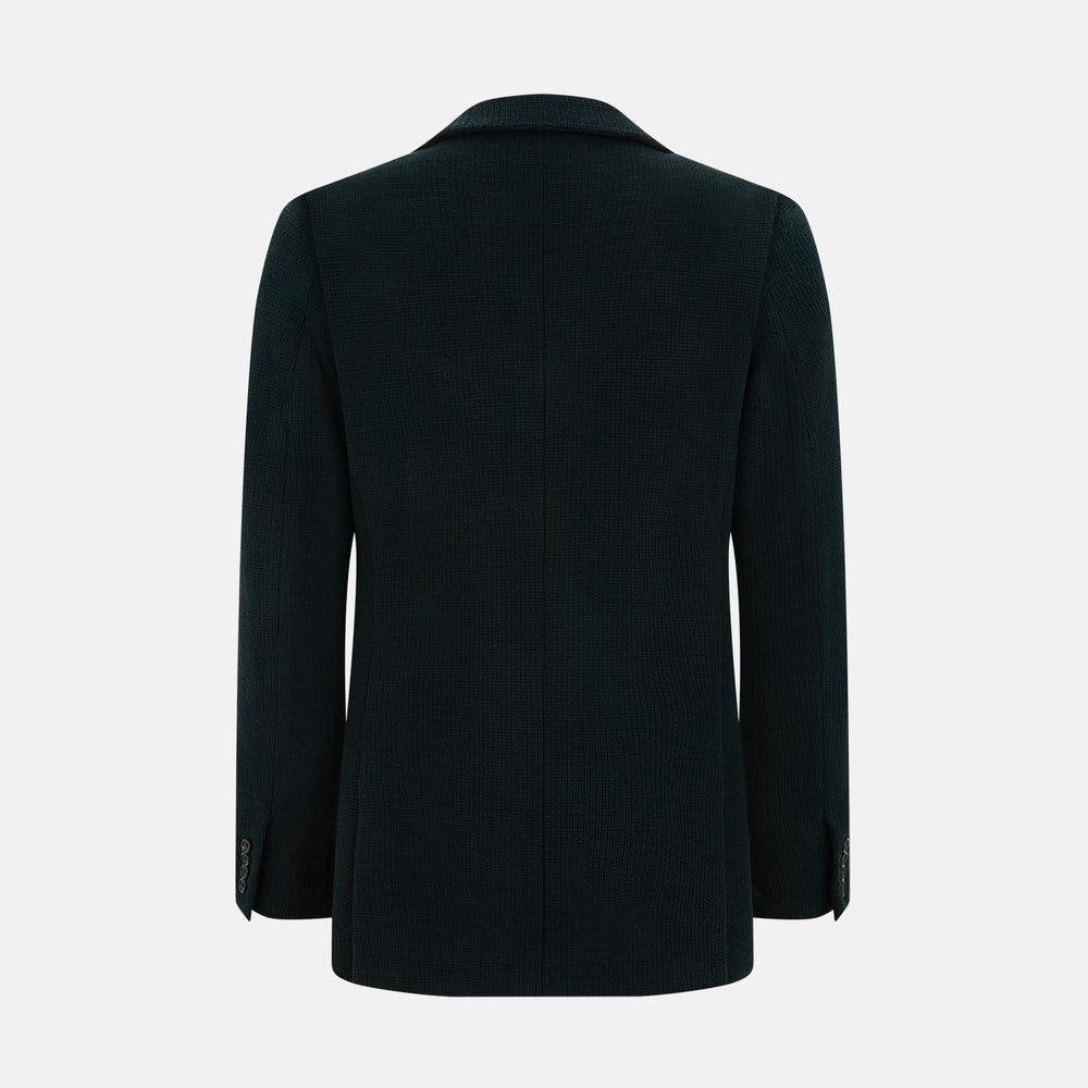The Forest Green KNITTED CAMBRIDGE BLAZER by Turnbull & Asser, crafted from textured Italian wool with notch lapels, patch and chest pockets, and two buttons, is shown against a plain white background.