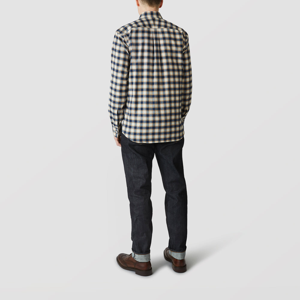 The Turnbull & Asser Blue Multi Check Weekend Fit Shirt features a Derby collar and 1-button cuffs, perfect for winter layering, shown here on a plain white background.