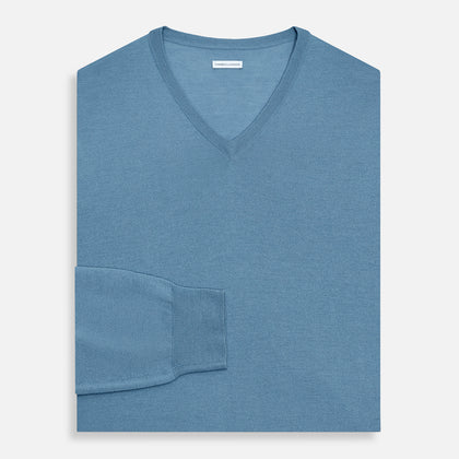 Pale Blue Fine Merino V-Neck Jumper Image 3