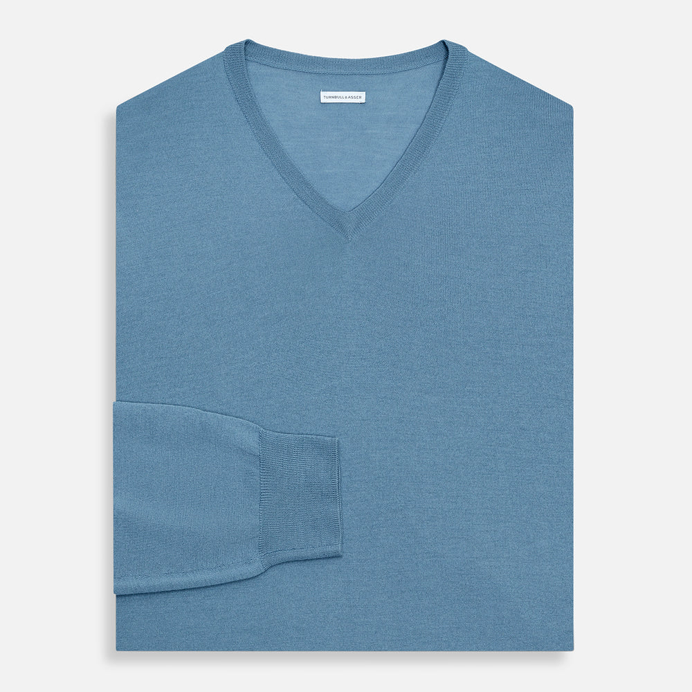 Pale Blue Fine Merino V-Neck Jumper