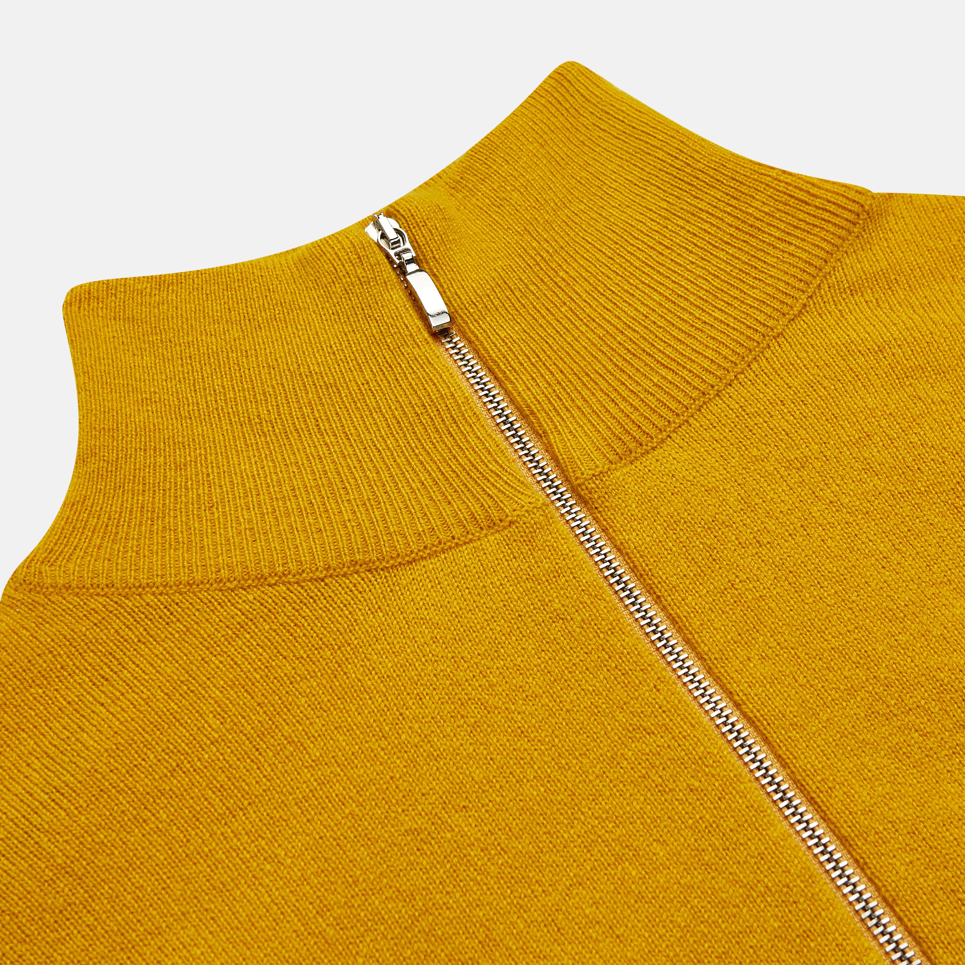 View 2 of product The Gold Lennox Cashmere Half-Zip Jumper by Turnbull & Asser features a high collar and is shown in mustard yellow, laid flat on a white background.