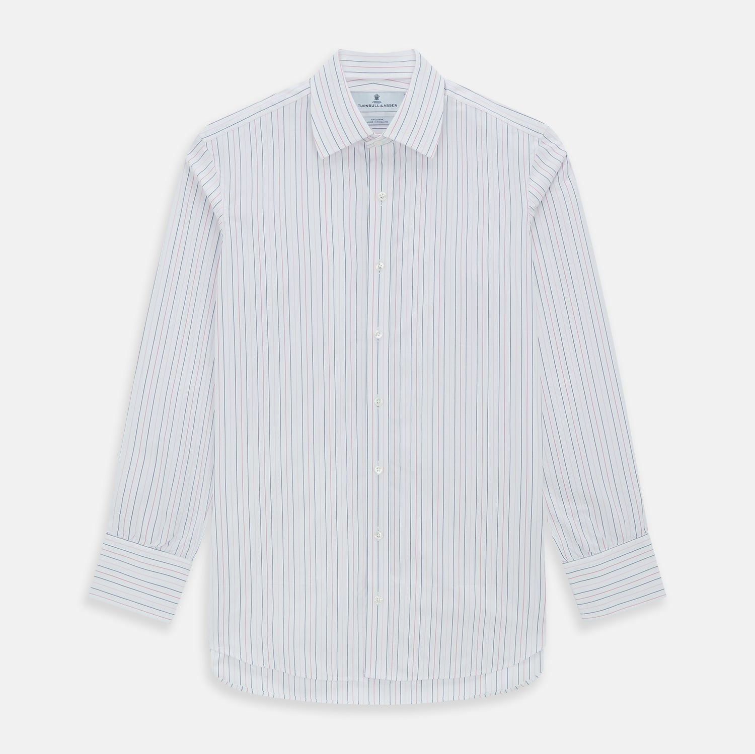 View 1 of product The Turnbull & Asser Pink and Blue Wide Pinstripe Mayfair Shirt features long sleeves, T&A collar, button-down front, and buttoned cuffs. It has bold pink and blue pinstripes on white and is laid flat on a white surface.