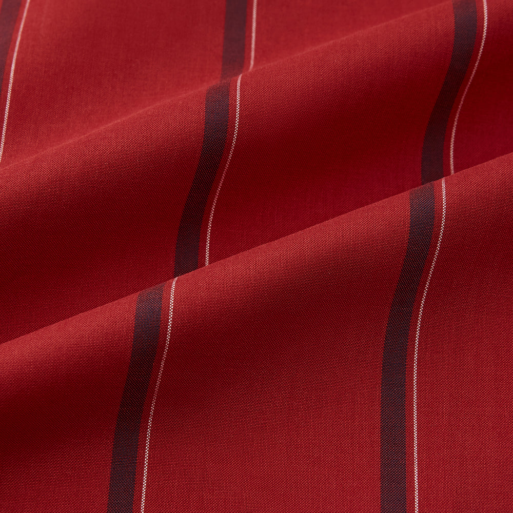 The Turnbull & Asser Dark Red Track Stripe Shirt with Contrast T&A Collar and Cuffs features vertical black stripes, a white collar and cuffs, Mayfair fit, and fine British craftsmanship, shown laid flat on a plain background.