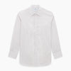 View 1 of product The Turnbull & Asser Red and Blue Ticking Stripe Westminster Shirt features long sleeves, a button-up front, pointed collar, and buttoned cuffs, highlighting British craftsmanship while laid flat on a white background.