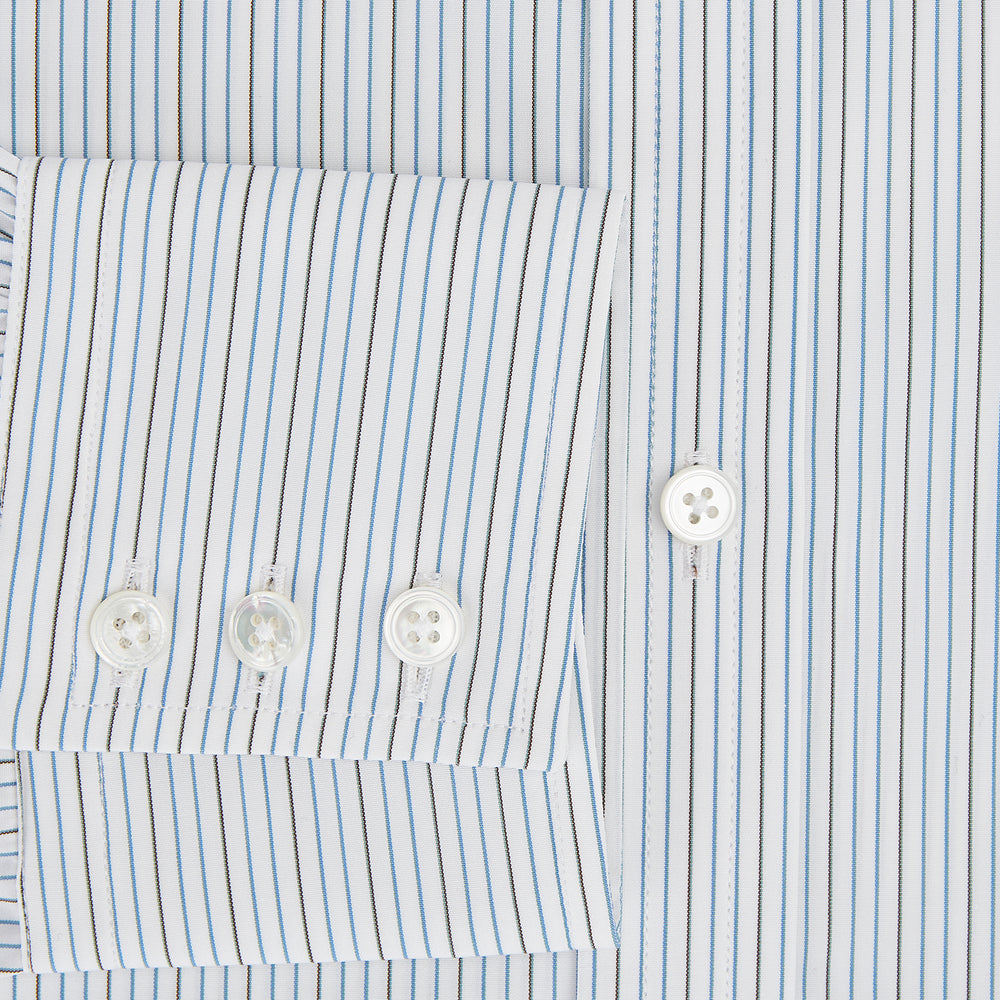 The Navy and Brown Pinstripe Mayfair Shirt by Turnbull & Asser, crafted from Italian cotton with long sleeves, a collar, and buttoned cuffs, is displayed on a plain white background.