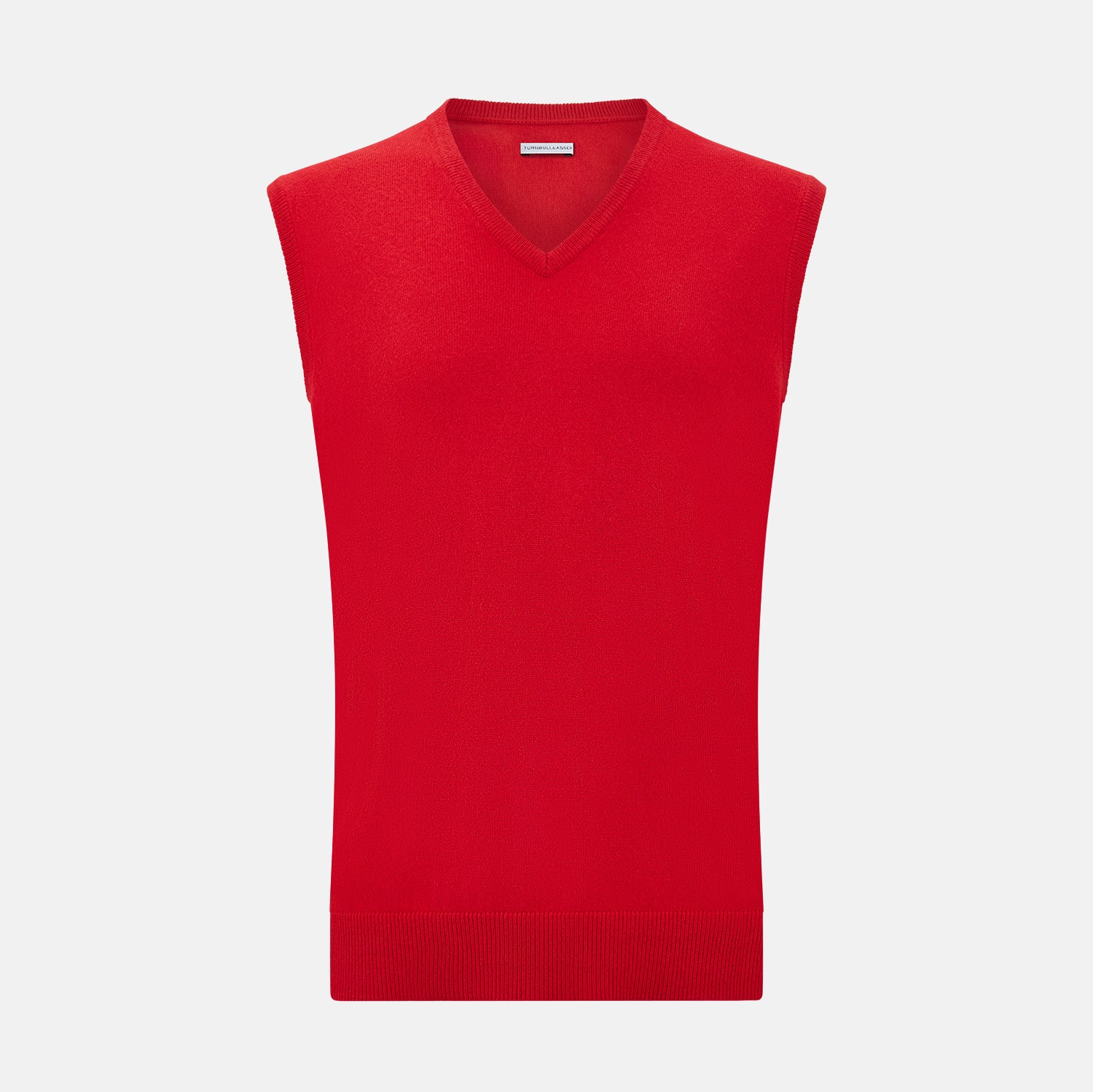 View 1 of product The Turnbull & Asser Red Cashmere V-Neck Vest features a sleeveless knit design and classic collar, shown against a white background—ideal for elevating any refined look.