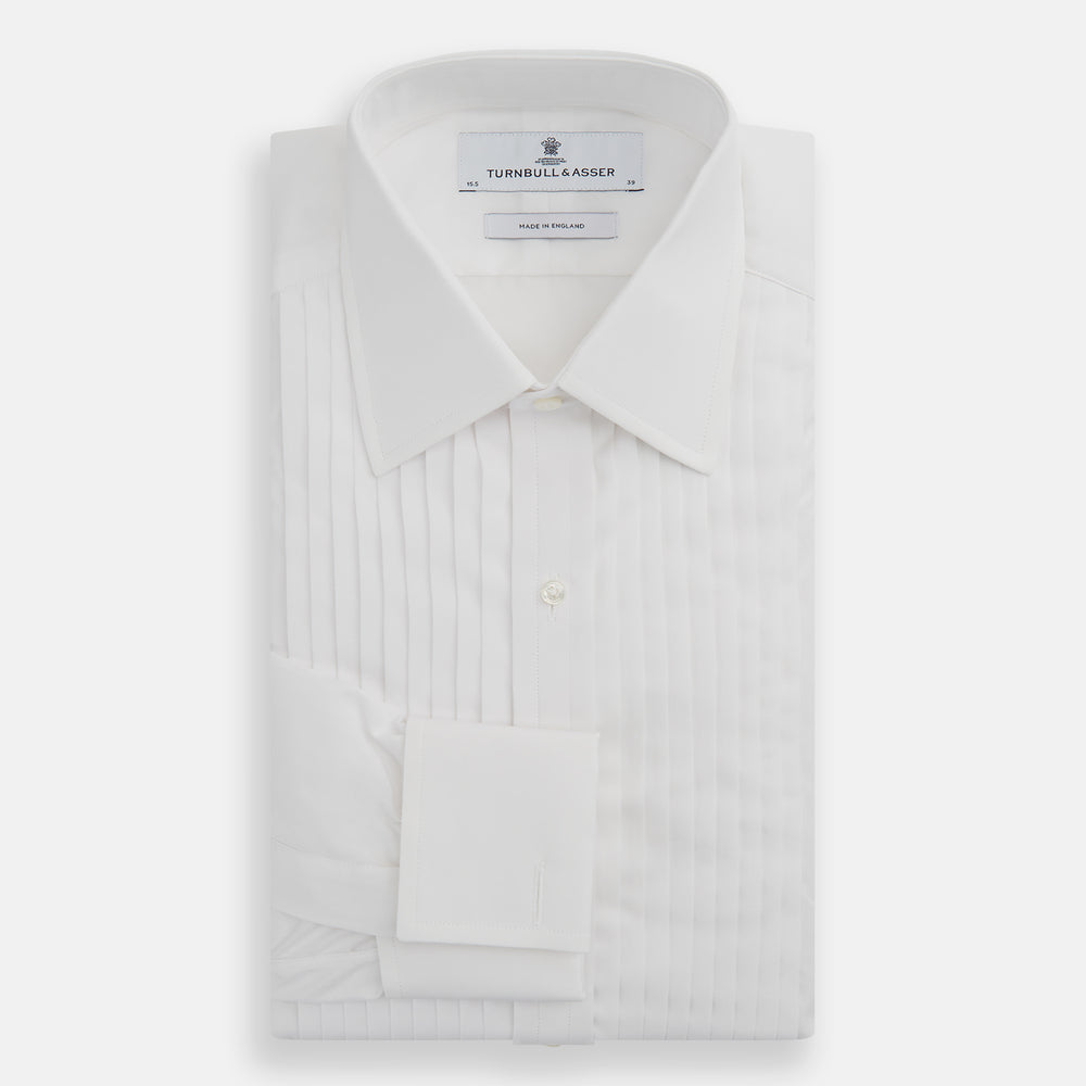 White Pleated Cotton Dress Shirt with T&A Collar and Double Cuffs