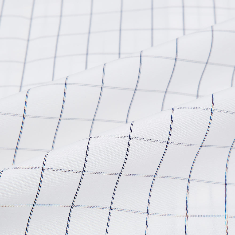 A long-sleeve, button-down Navy Blue Hairline Multi Stripe Mayfair Shirt by Turnbull & Asser is displayed flat against a white background.