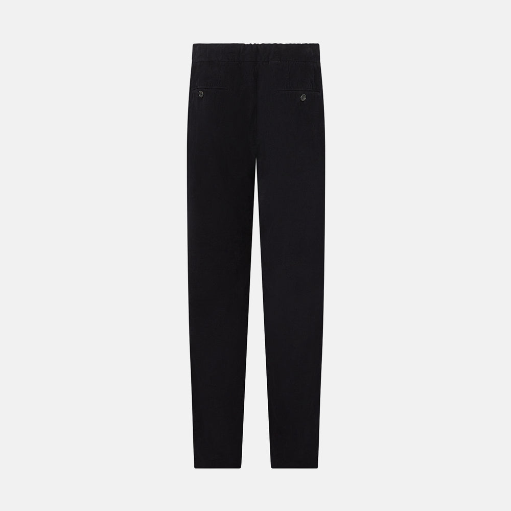 Navy Corduroy Miles Trousers by Turnbull & Asser, featuring an elasticated waist, straight-leg cut, and side pockets, displayed flat on a white background.