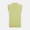 View 3 of product The Melon Green Sleeveless Cardigan by Turnbull & Asser features a ribbed collar, large brown buttons, and two front pockets—a stylish layering piece shown against a plain white background.