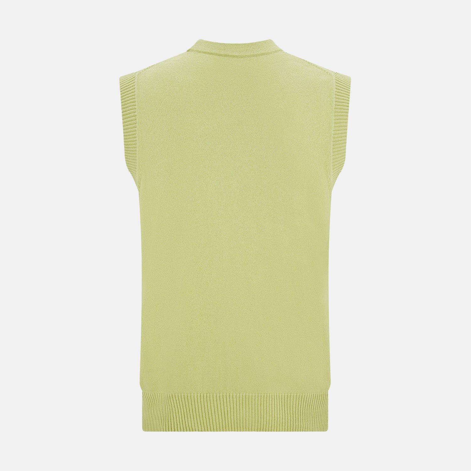 View 3 of product The Melon Green Sleeveless Cardigan by Turnbull & Asser features a ribbed collar, large brown buttons, and two front pockets—a stylish layering piece shown against a plain white background.
