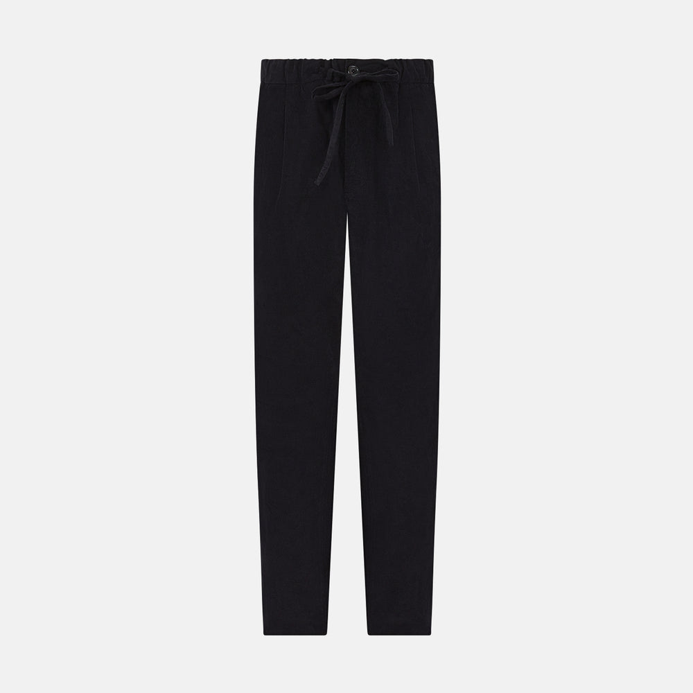 Navy Corduroy Miles Trousers by Turnbull & Asser, featuring an elasticated waist, straight-leg cut, and side pockets, displayed flat on a white background.