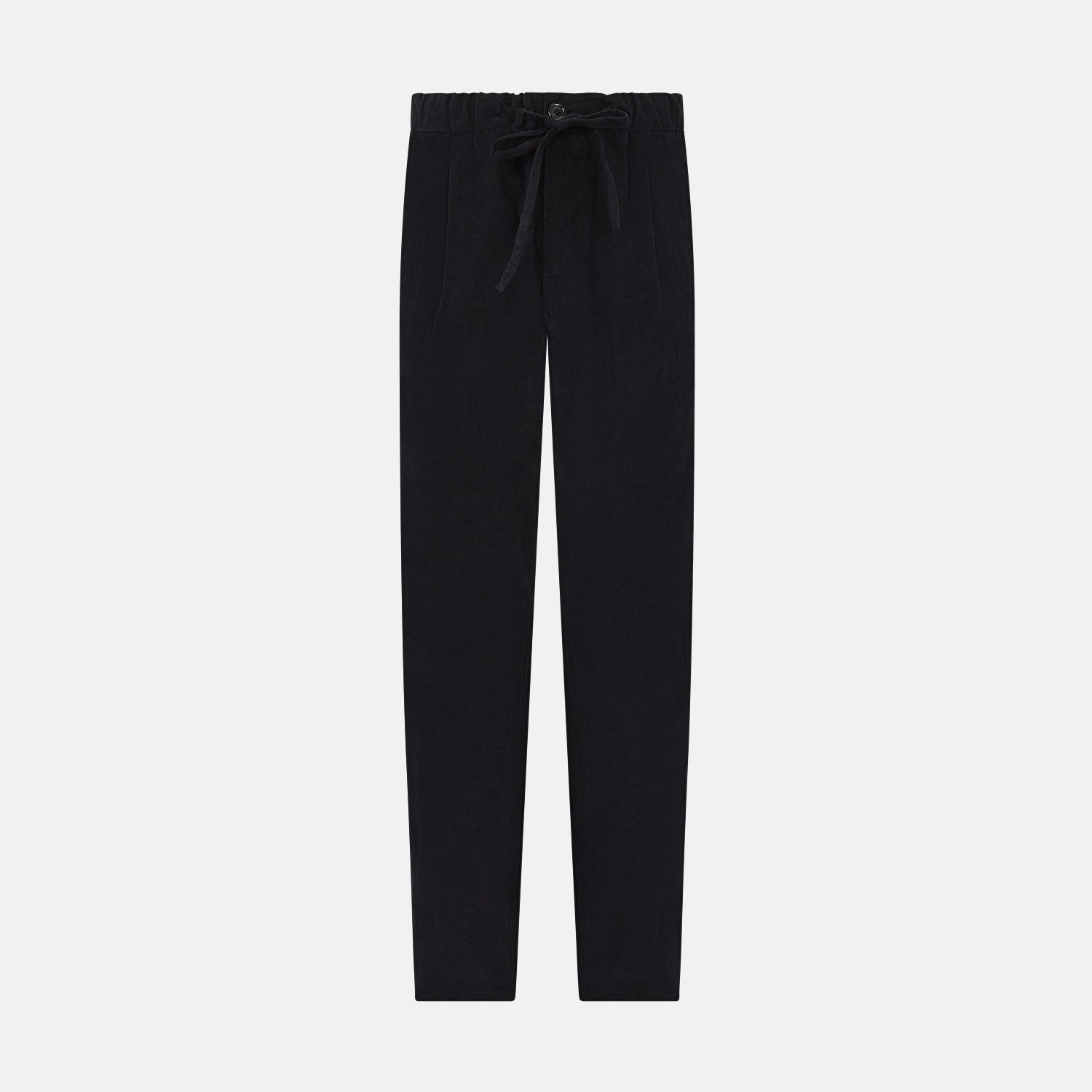 View 1 of product Navy Corduroy Miles Trousers by Turnbull & Asser, featuring an elasticated waist, straight-leg cut, and side pockets, displayed flat on a white background.