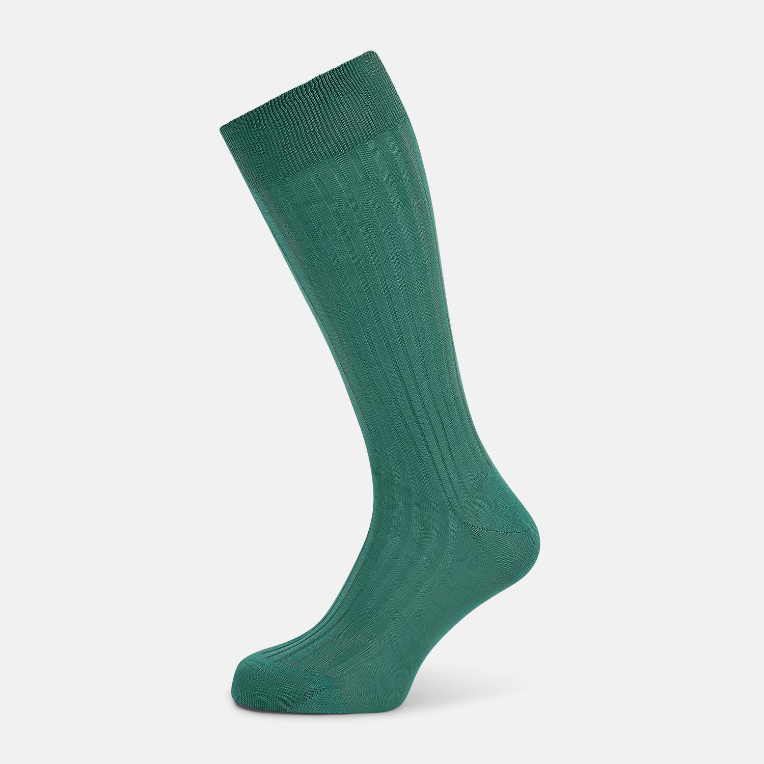 View 1 of product The Turnbull & Asser Sage Mid-Length Sock is shown angled on a white background, emphasizing its ribbed texture and length—a refined, comfortable sock designed for style.