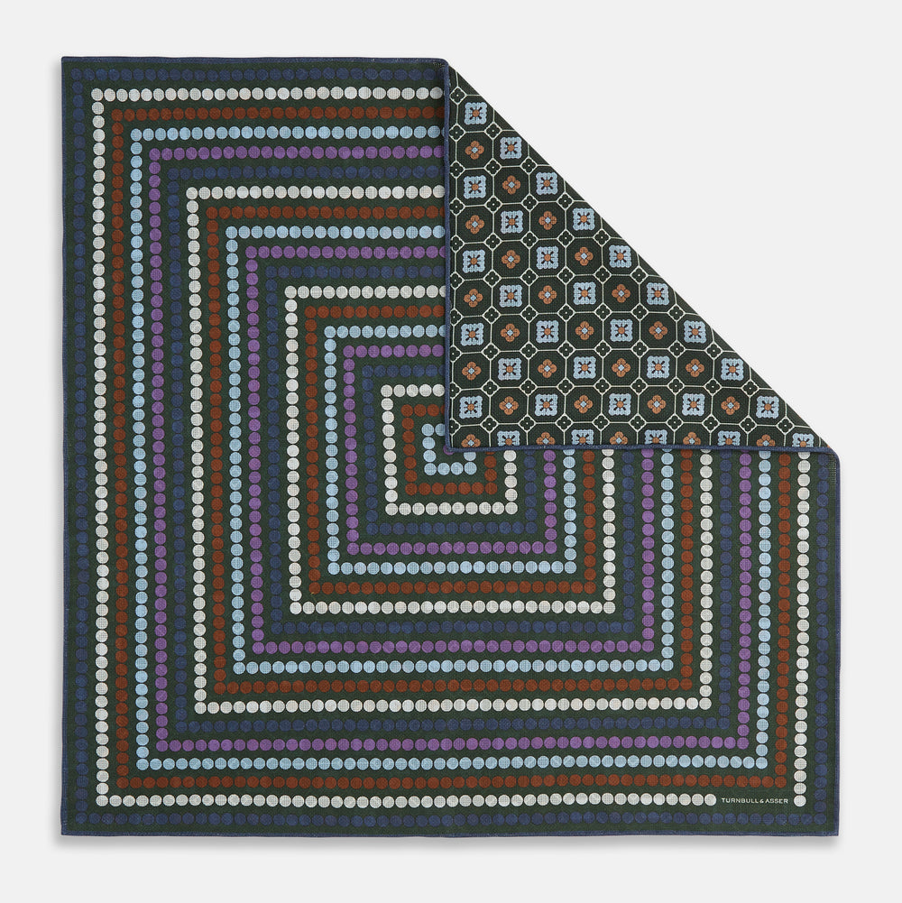 Forest Green Dots and Floral Tile Double-Sided Silk Pocket Square
