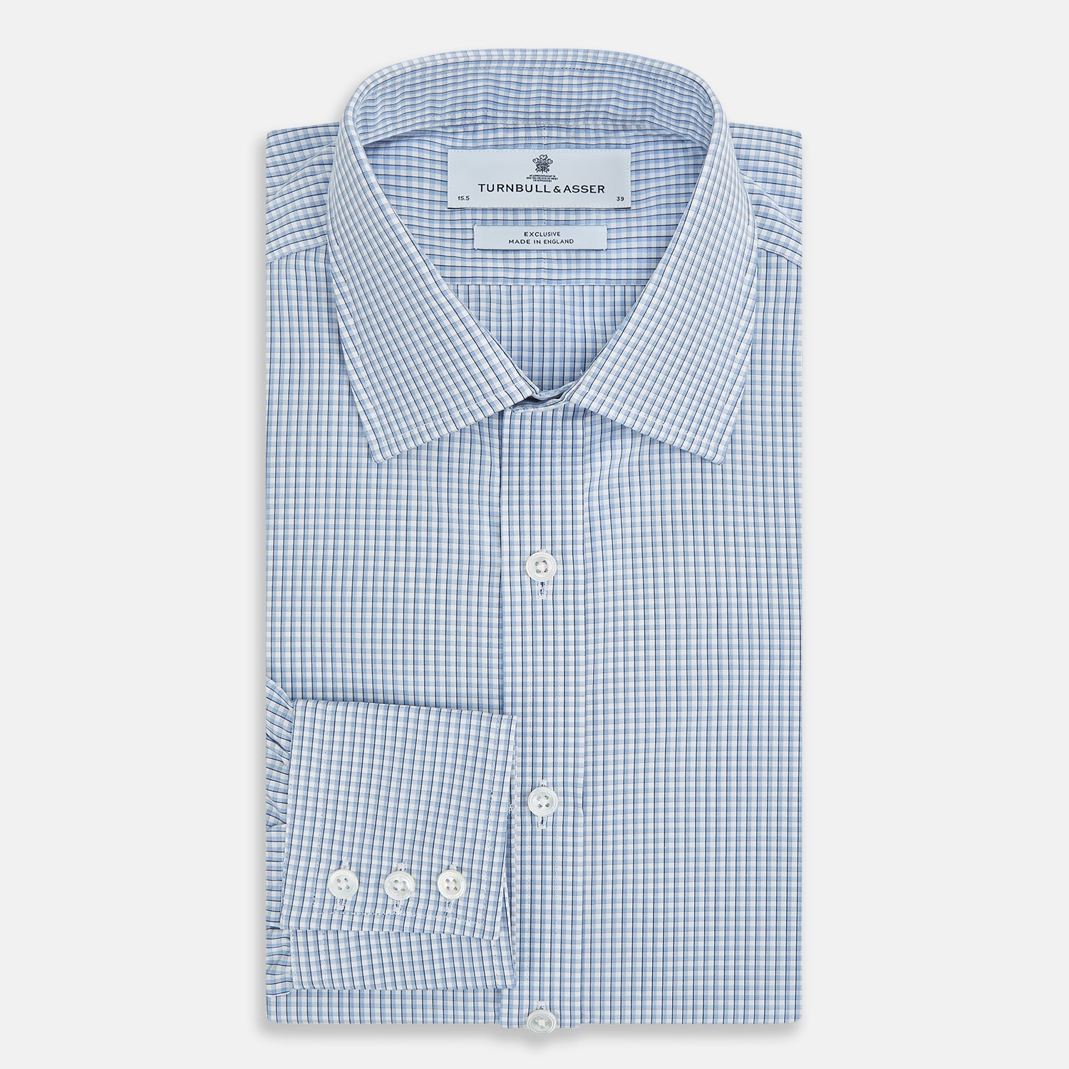 View 5 of product The Turnbull & Asser Blue Micro Shadow Check Mayfair Shirt features a long-sleeve, button-up design with a small blue and white check pattern, pointed T&A collar, and classic cuffs.