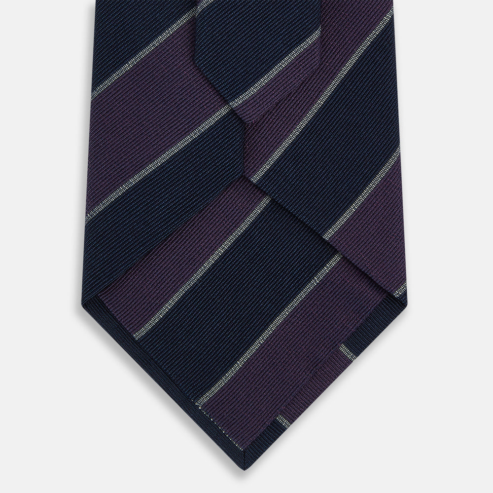 Purple And Navy Block Stripe Silk Blend Tie