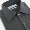 View 2 of product The Charcoal Melange Wide Stripe Westminster Shirt from Turnbull & Asser features long sleeves, a tailored fit, pointed collar, buttoned cuffs, and subtle wide stripes, shown laid flat on a white background.