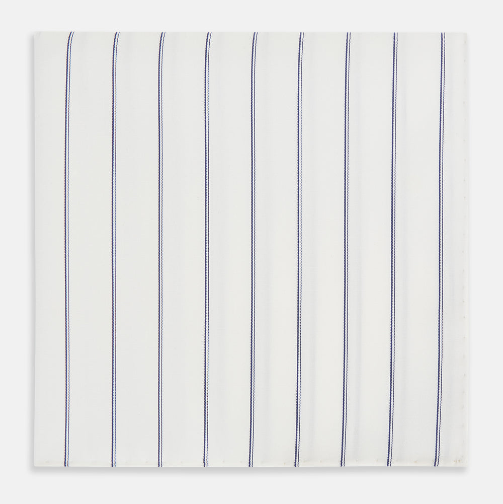 The Dark Navy Double-Pinstripe Hand-Rolled Handkerchief by Turnbull & Asser features white fabric with evenly spaced thin dark navy stripes and refined hand-rolled edges.