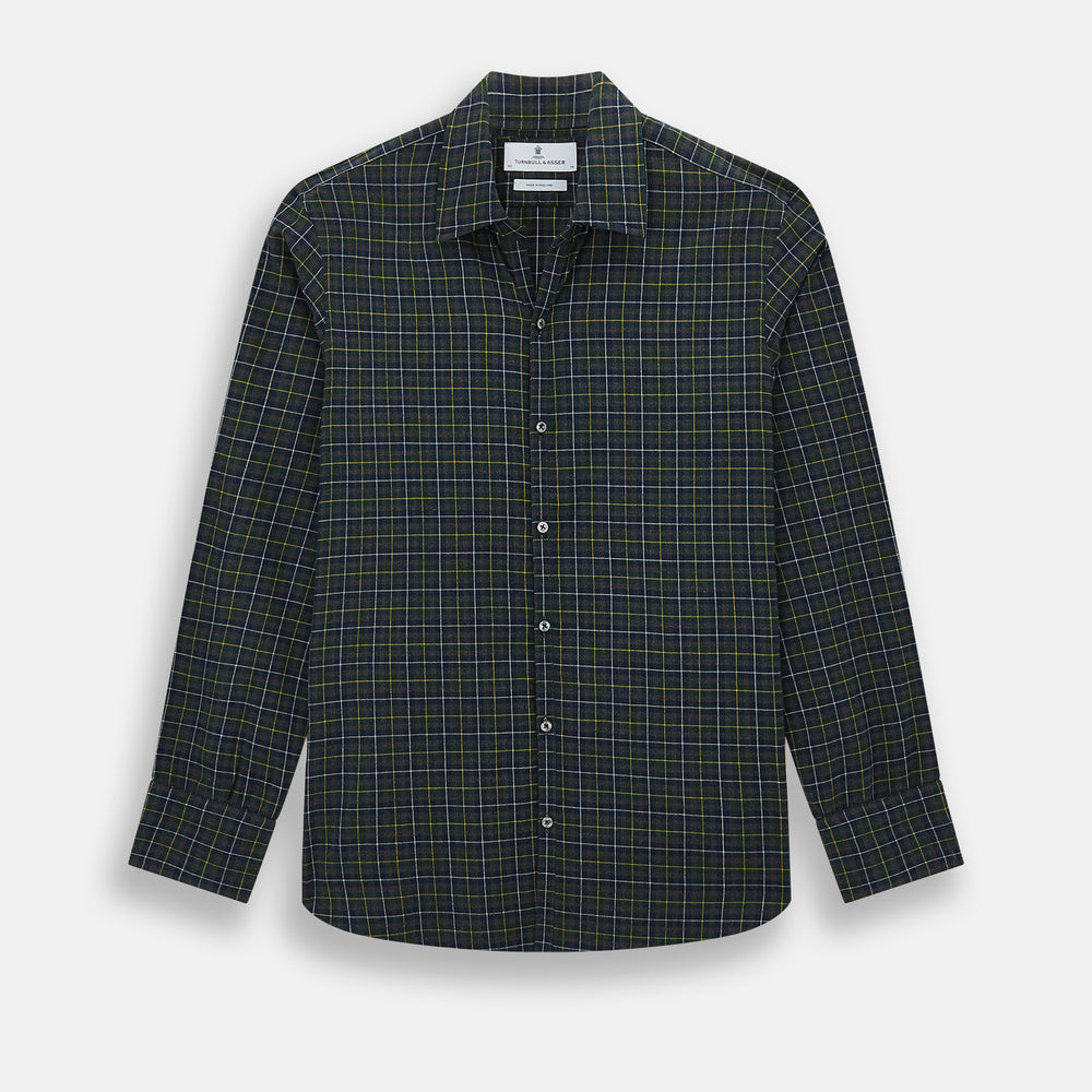 The Turnbull & Asser Navy and Khaki Tartan Windsor Shirt features a long-sleeve button-up design with a Windsor collar and buttoned cuffs, showcasing British craftsmanship in a classic tartan pattern.