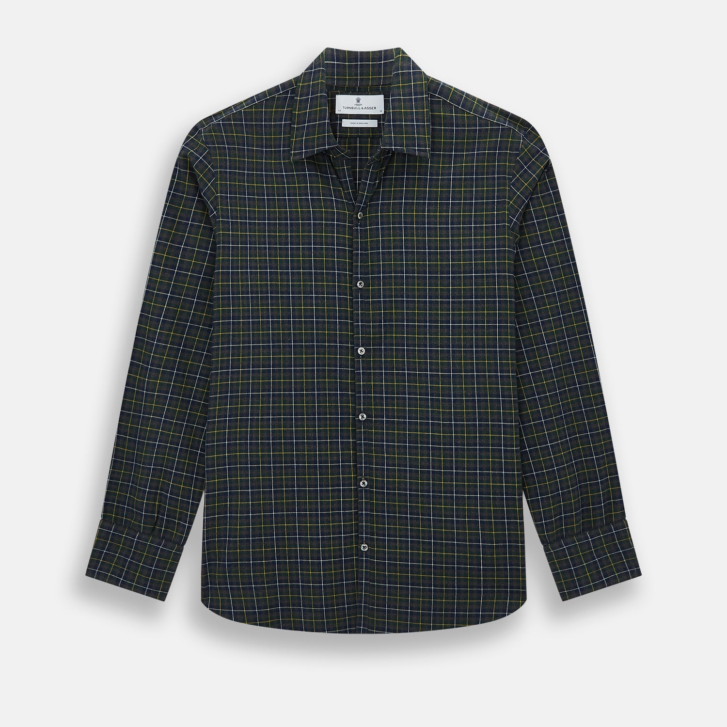View 1 of product The Turnbull & Asser Navy and Khaki Tartan Windsor Shirt features a long-sleeve button-up design with a Windsor collar and buttoned cuffs, showcasing British craftsmanship in a classic tartan pattern.