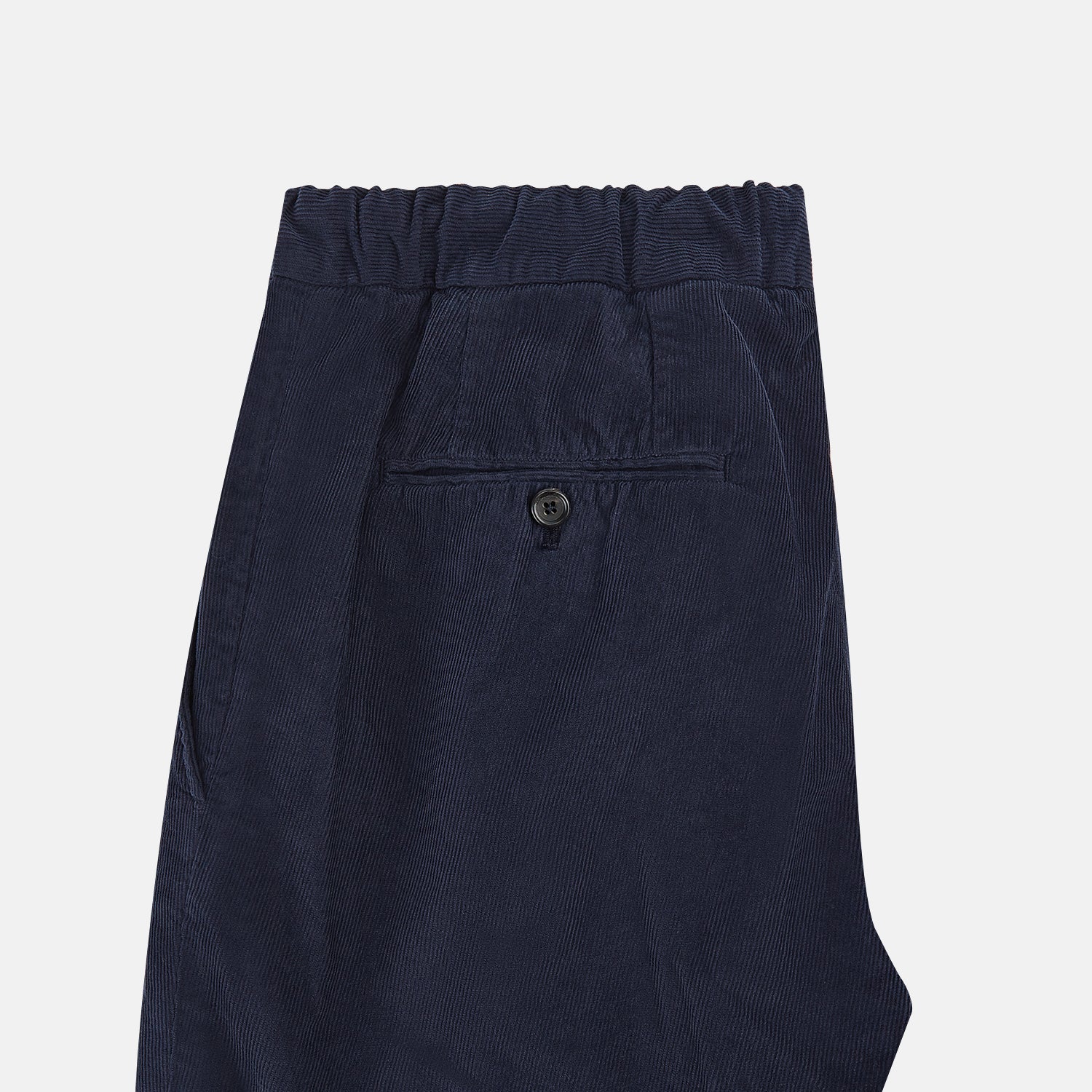 Image 5 of product Turnbull & Asser's Light Navy Corduroy Miles Trousers feature a straight-leg stretch fit, elasticated waist, and matching fabric drawstring, shown on a plain white background.