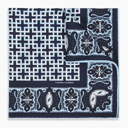 Navy Square-Patterned and Paisley Patterned Silk Pocket Square Image 9