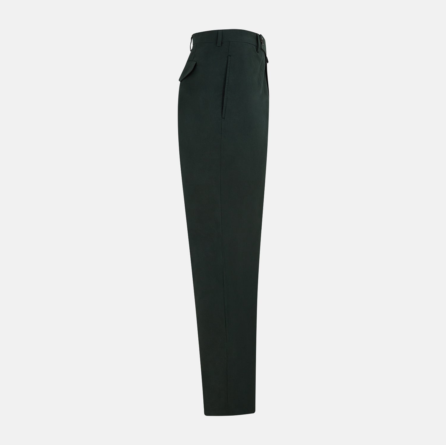 View 12 of product The Hunter Green Winston Trousers by Turnbull & Asser are crafted in high-twist cotton with straight legs, belt loops, button closure, and front zipper, shown against a plain light background.