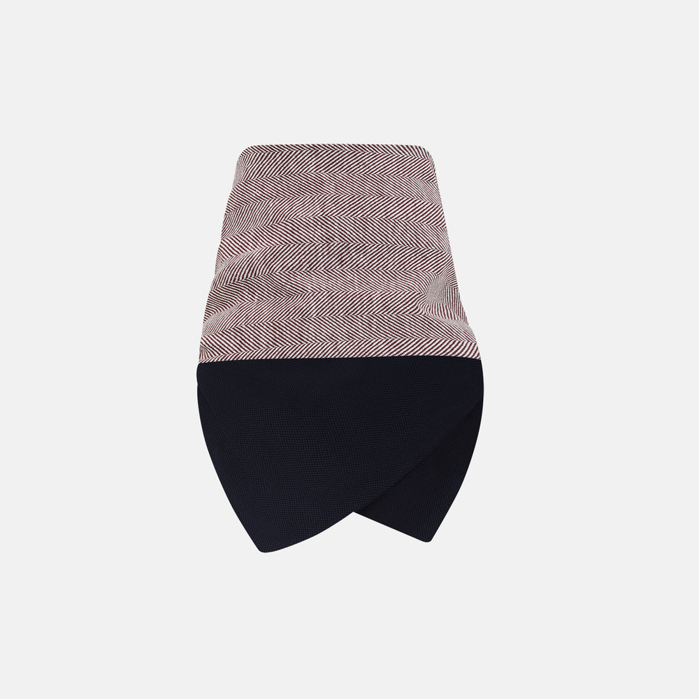 The Turnbull & Asser Burgundy Herringbone Silk and Linen Neck Warmer features a rich herringbone pattern, dark lining, and button closure, shown on a white background—a refined formal accessory.