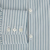 View 4 of product The GREEN DOUBLE STRIPE WESTMINSTER SHIRT by Turnbull & Asser features green and white vertical stripes, a pointed collar, buttoned cuffs, and a relaxed fit that highlights refined British craftsmanship.