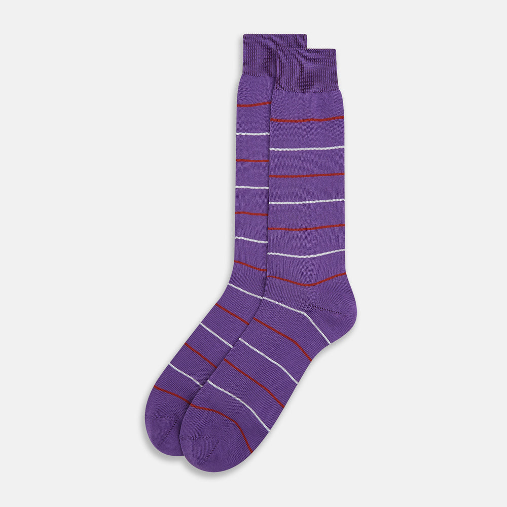 The Purple Striped Mid-Length Socks by Turnbull & Asser feature thin white and reddish-brown stripes on a purple background—ideal for fans of stylish striped socks.