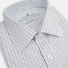 View 2 of product The Blue Double Pinstripe Mayfair Shirt by Turnbull & Asser is made from organic cotton with thin blue and white stripes, a pointed collar, and buttoned cuffs—perfect for elevating your workweek rotation.