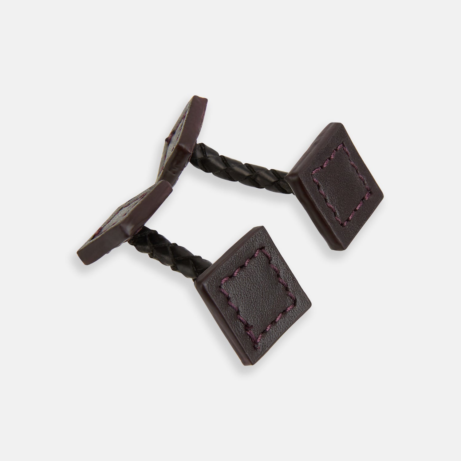 View 1 of product The Burgundy Leather Cufflinks by Turnbull & Asser feature square Italian leather with visible edge stitching and braided loops, presented on a white background—an elegant addition to men's accessories.