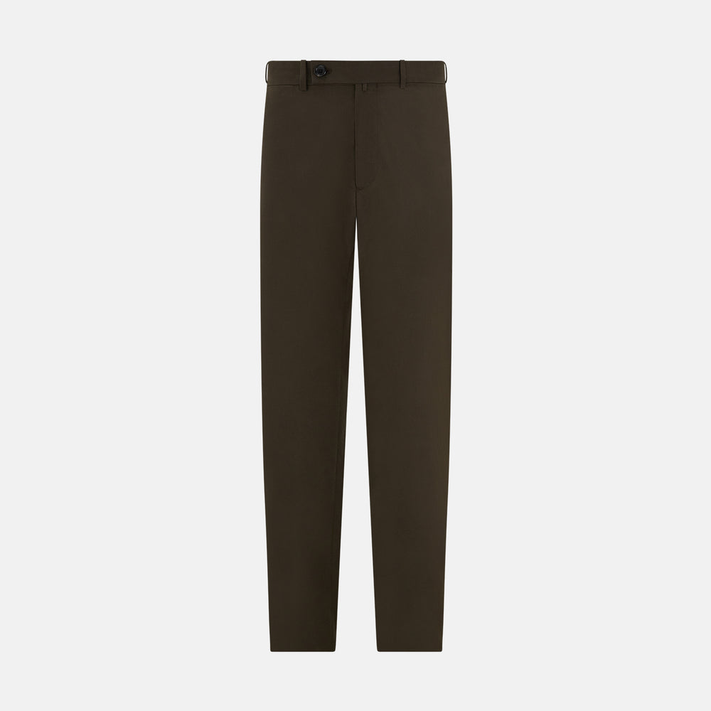 A pair of straight-leg Moss Green Winston Trousers by Turnbull & Asser in high-twist cotton with belt loops, button closure, and side pockets, displayed on a plain white background.