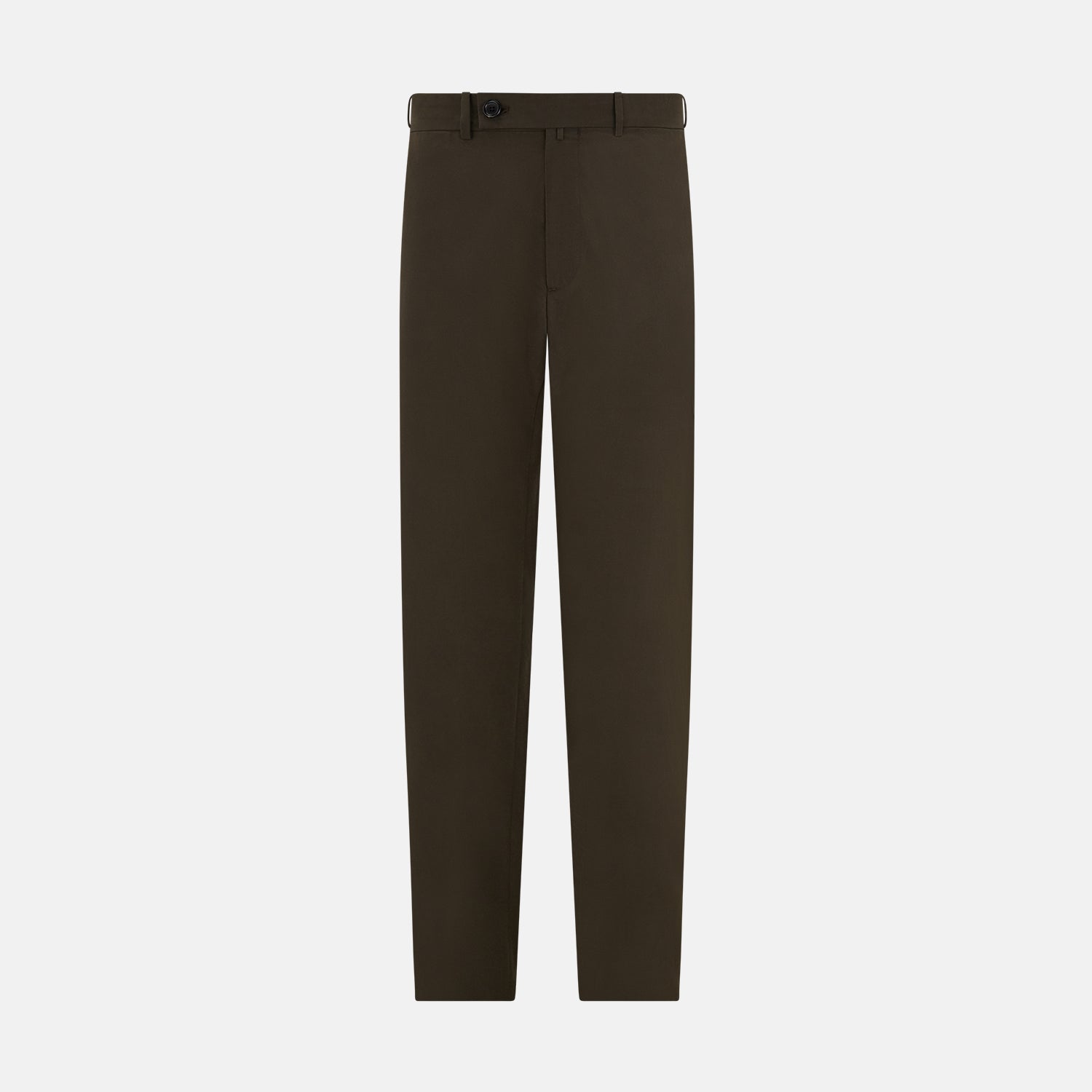 View 9 of product A pair of straight-leg Moss Green Winston Trousers by Turnbull & Asser in high-twist cotton with belt loops, button closure, and side pockets, displayed on a plain white background.