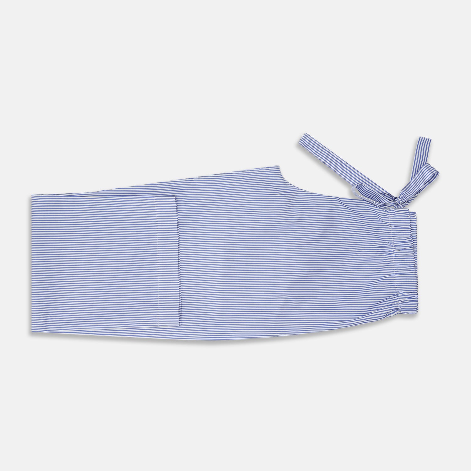 View 7 of product The Turnbull & Asser Women's Harriet Blue Bengal Stripe Pyjama Set features premium cotton, a long-sleeve button-up top with chest pocket, and drawstring pants—an ideal gift option.