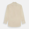 View 3 of product The Cream Fine Pencil Stripe Mayfair Shirt by Turnbull & Asser features long sleeves, a pointed collar, and buttoned cuffs. Crafted from breathable cotton with fine pencil stripes, it is shown laid flat on a white background.