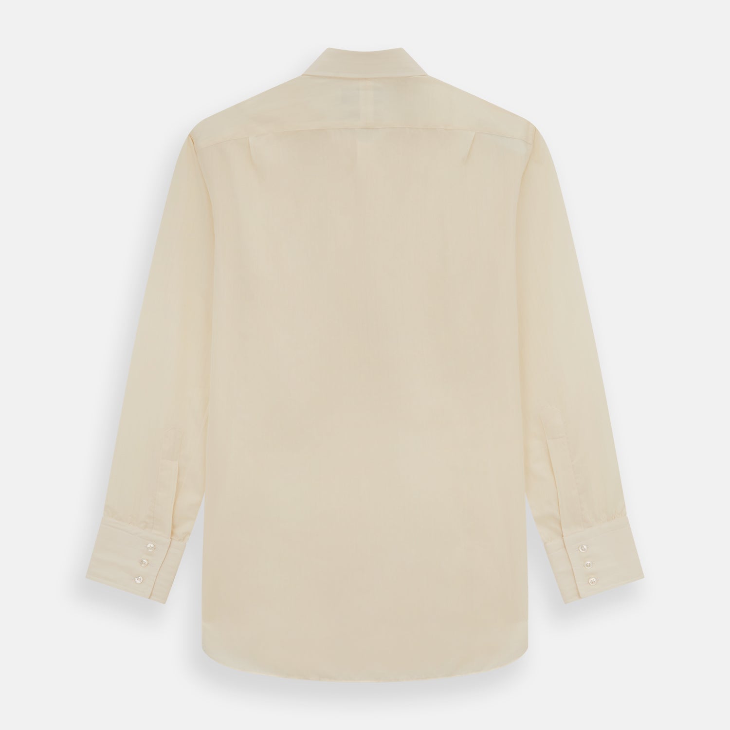 View 3 of product The Cream Fine Pencil Stripe Mayfair Shirt by Turnbull & Asser features long sleeves, a pointed collar, and buttoned cuffs. Crafted from breathable cotton with fine pencil stripes, it is shown laid flat on a white background.