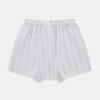 View 2 of product Turnbull & Asser's Rainbow Stripe Godfrey Boxer Shorts are luxury men's underwear made from Italian cotton, featuring a loose fit, elastic waistband, and blue, red, and green vertical stripes on white.