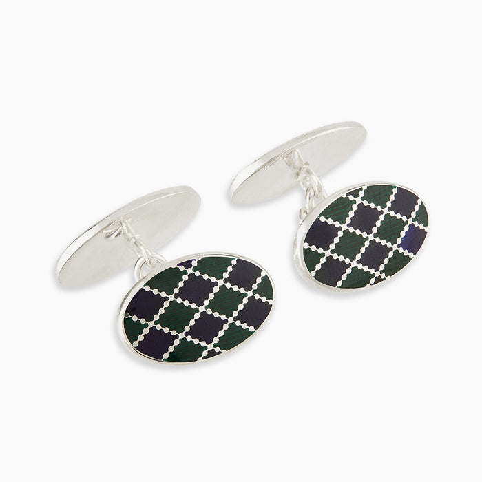 Forest Green and Navy Checkered Oval Enamel Chain Cufflinks Image 3