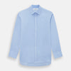 View 1 of product The Blue Herringbone Mayfair Shirt by Turnbull & Asser features light blue and white stripes, long sleeves, a classic collar, white buttons, and buttoned cuffs. Shown on a plain white background, it's perfect for formal occasions.