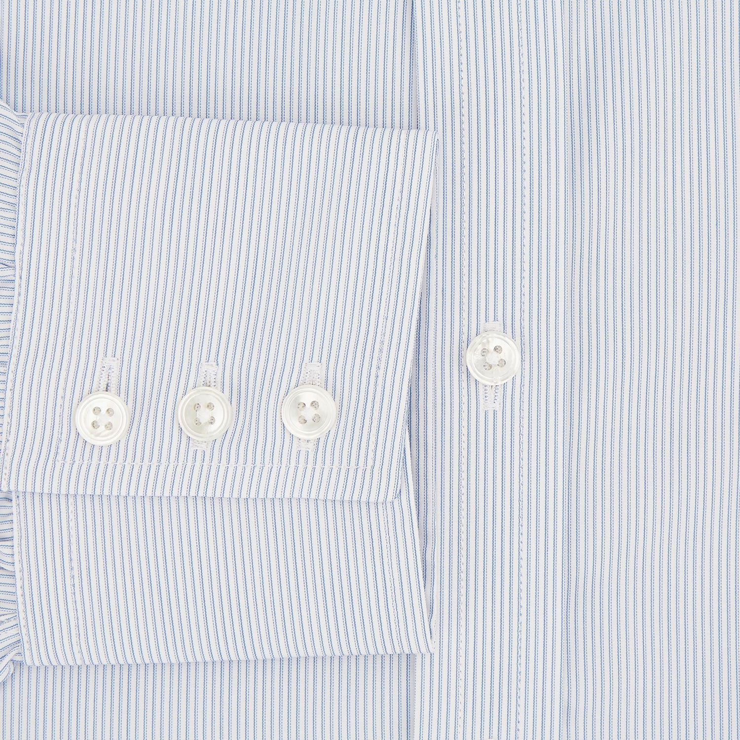 View 4 of product The Sky Blue Hairline Multi Stripe Mayfair Shirt by Turnbull & Asser, made from Italian cotton with a classic collar, white buttons, and buttoned cuffs, is displayed on a plain white background—an essential for any gentleman.